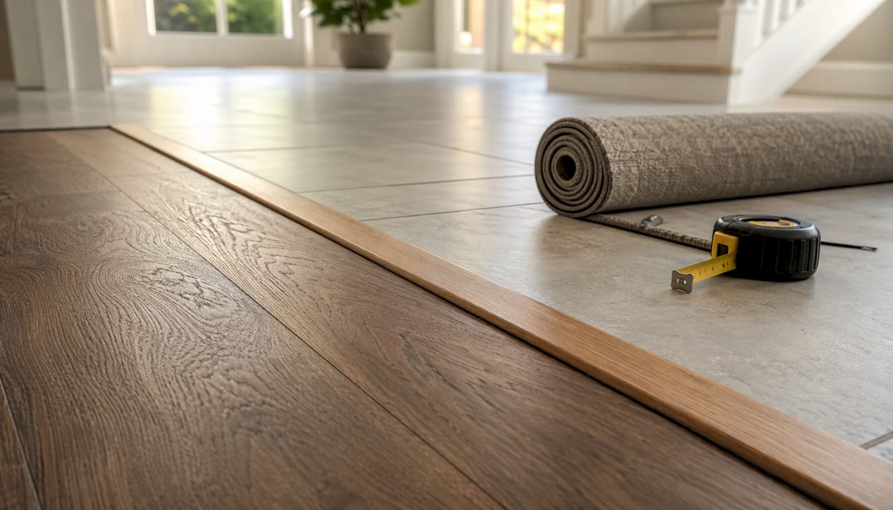 Close-up of T-molding floor transition