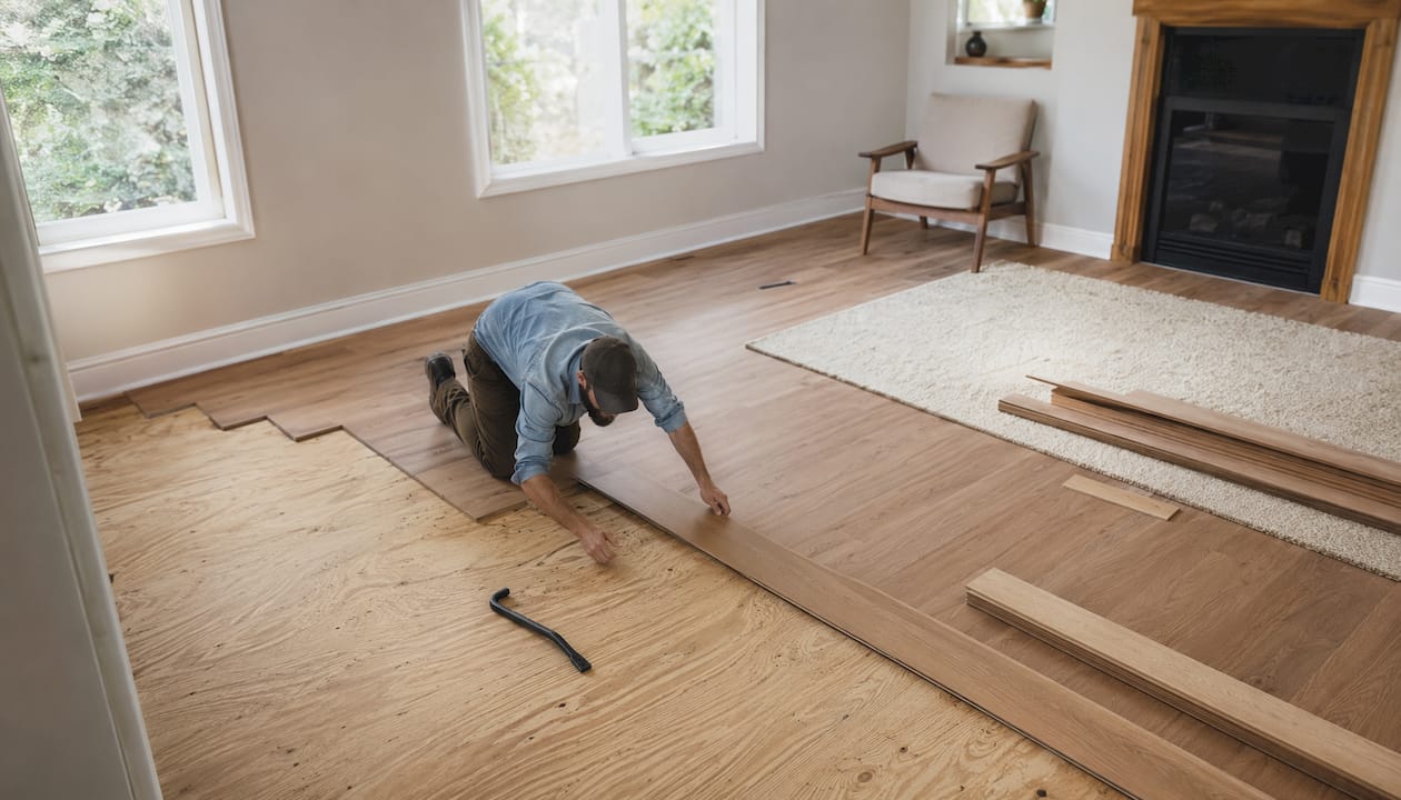 Hands fitting engineered hardwood flooring planks