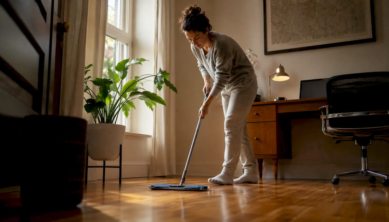Woman cleaning hardwood floor in bright family room