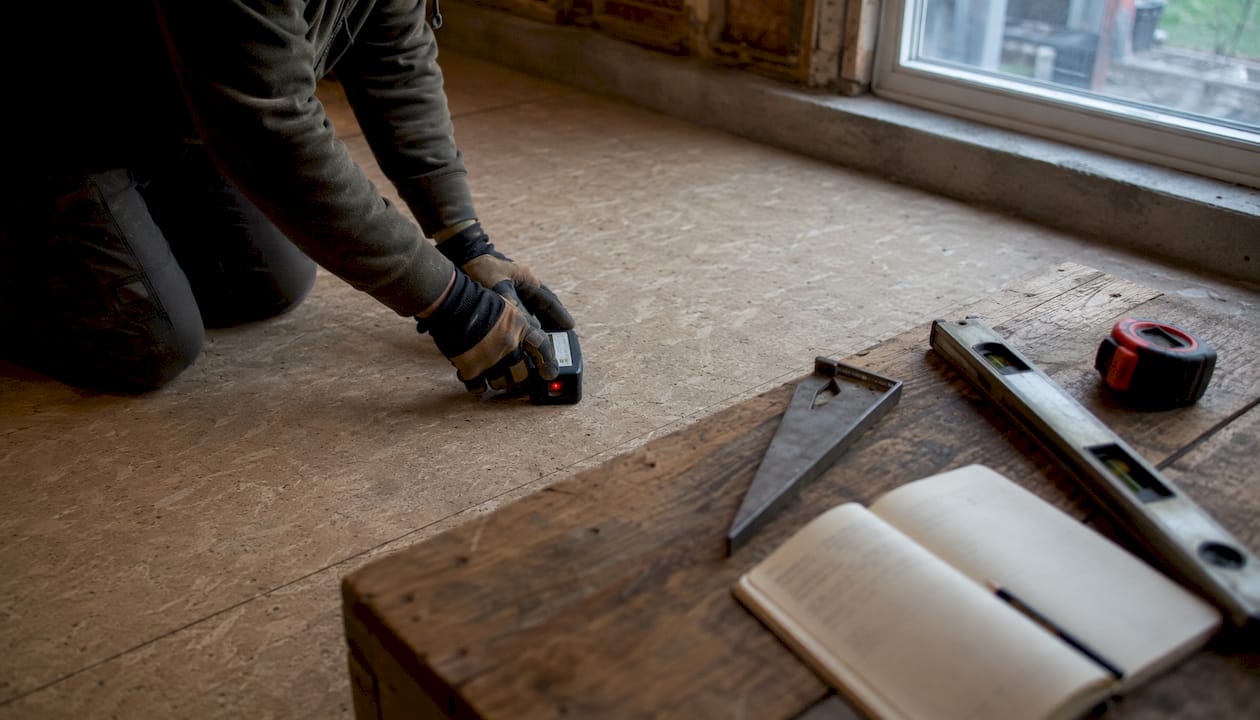 Hands auditing subfloor moisture with tools