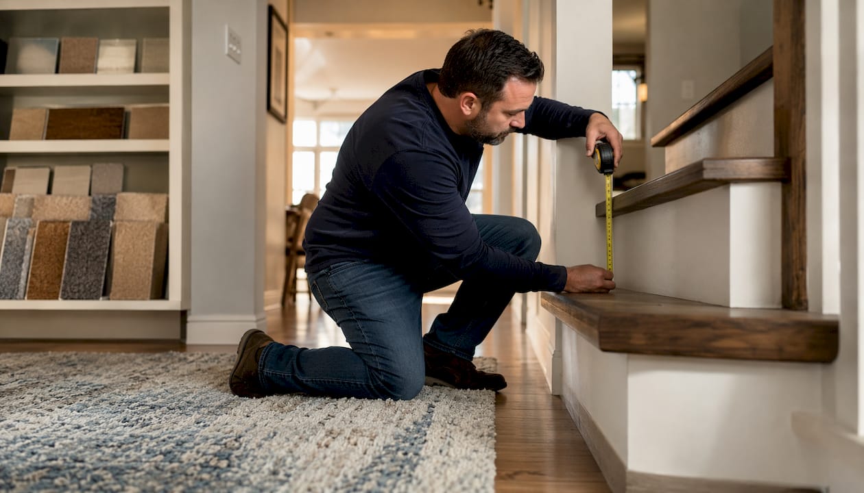 Hands measuring stair tread and riser with tape measure