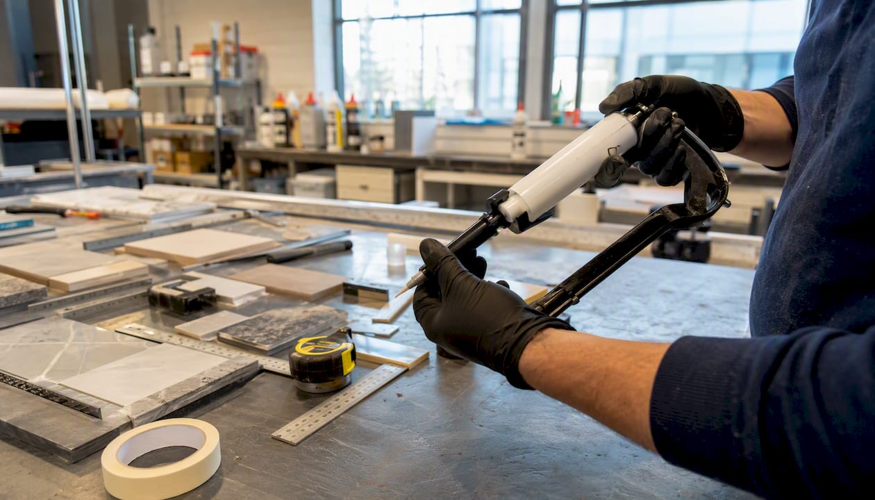 Hands using MS hybrid adhesive caulking gun