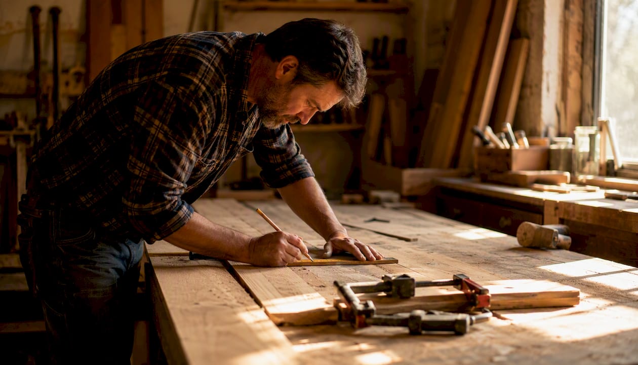 Hands marking wood planks for waste calculation