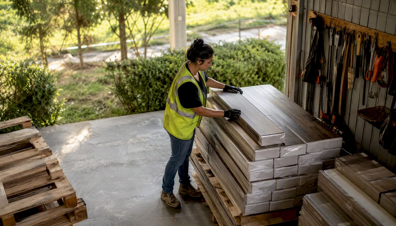 Installer arranging flooring materials in storage