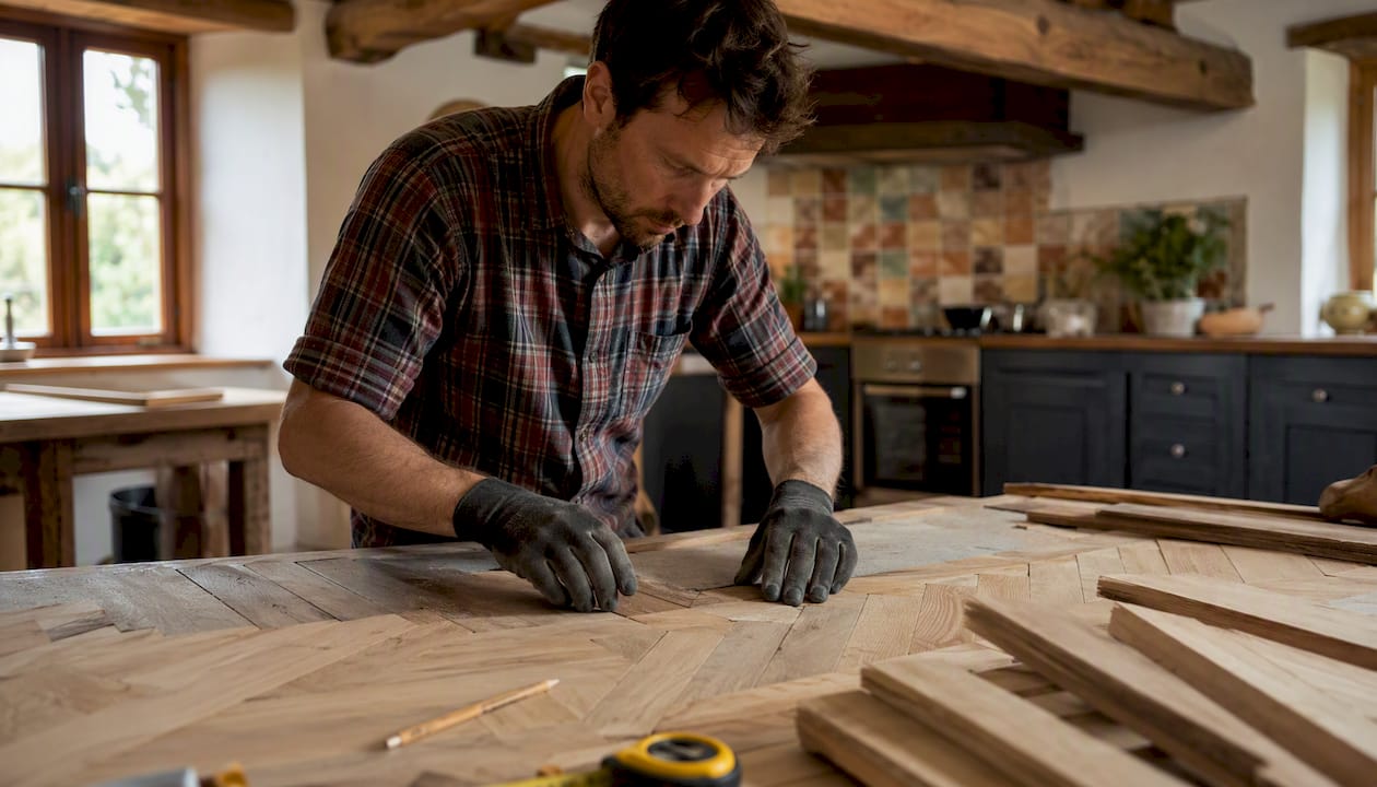 Hands installing herringbone flooring pattern