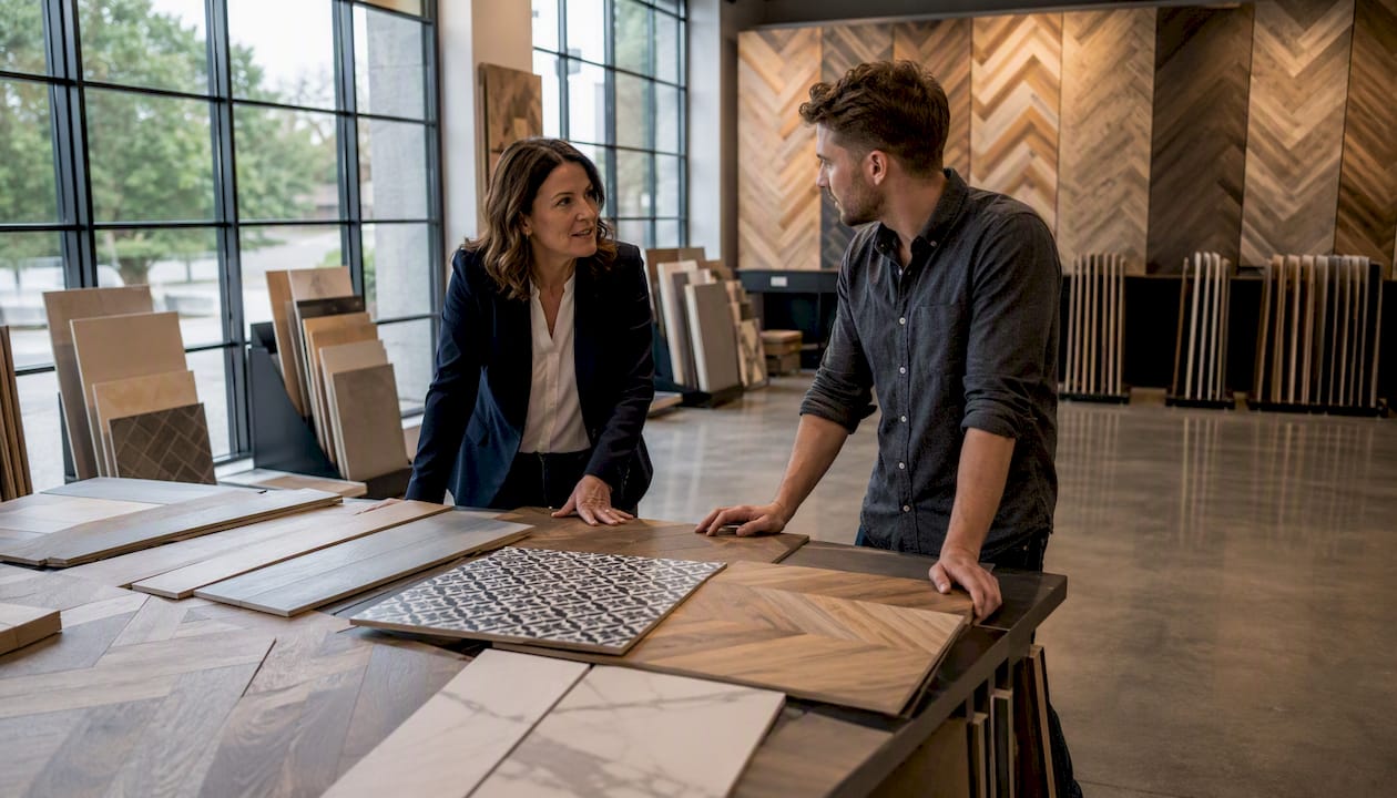 Customers viewing flooring pattern displays in showroom