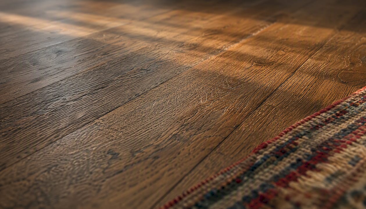 Wire-brushed hickory floor showing grain and texture