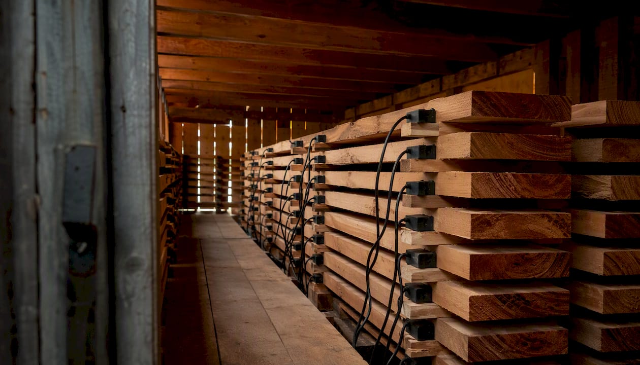 Wide planks drying in kiln chamber