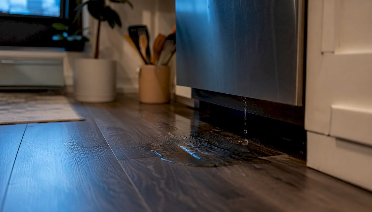 Water leak near appliances on laminate floor