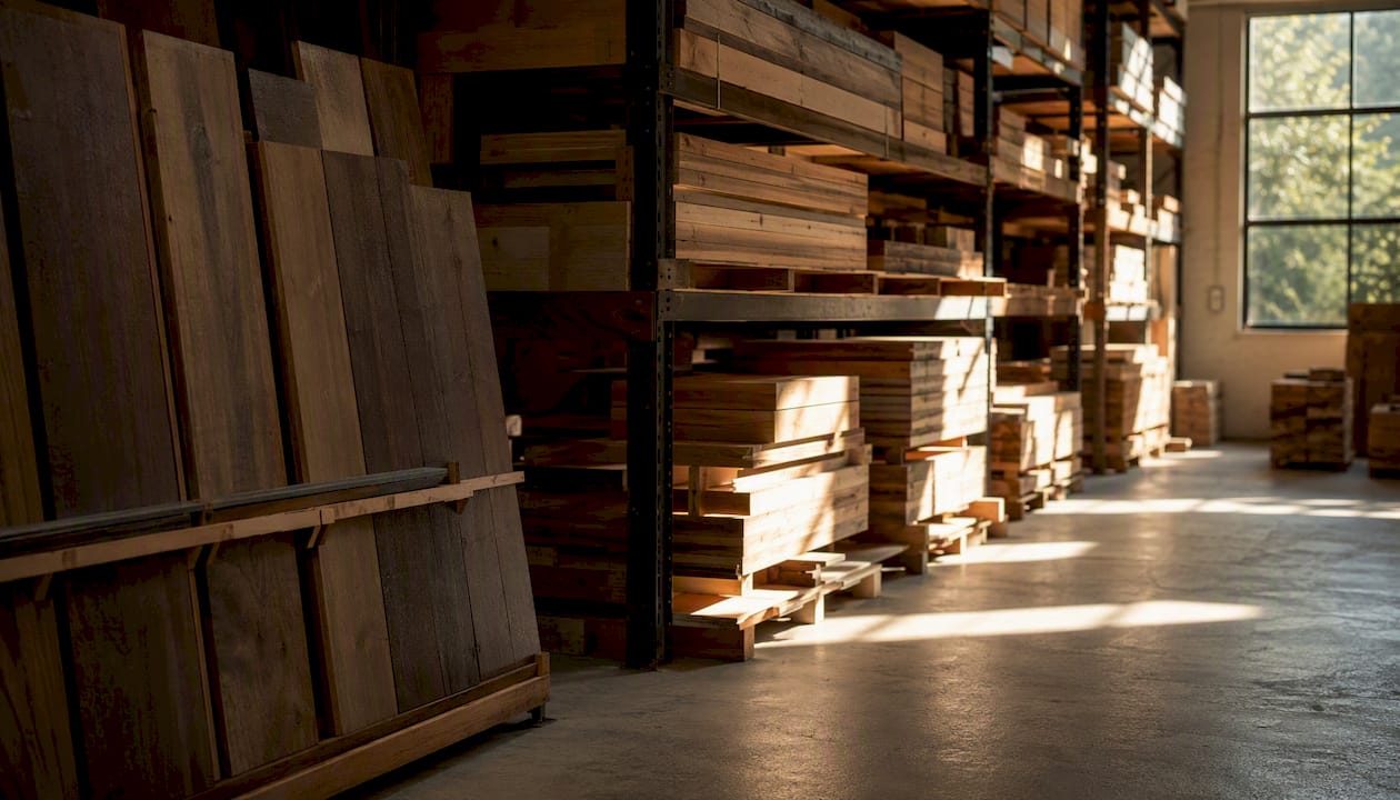 Rows of hardwood inventory in Michigan distributor warehouse