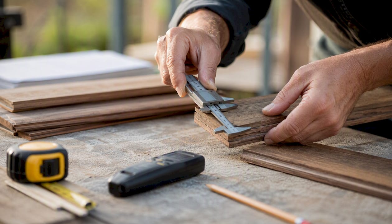 Hands measuring hardwood flooring samples