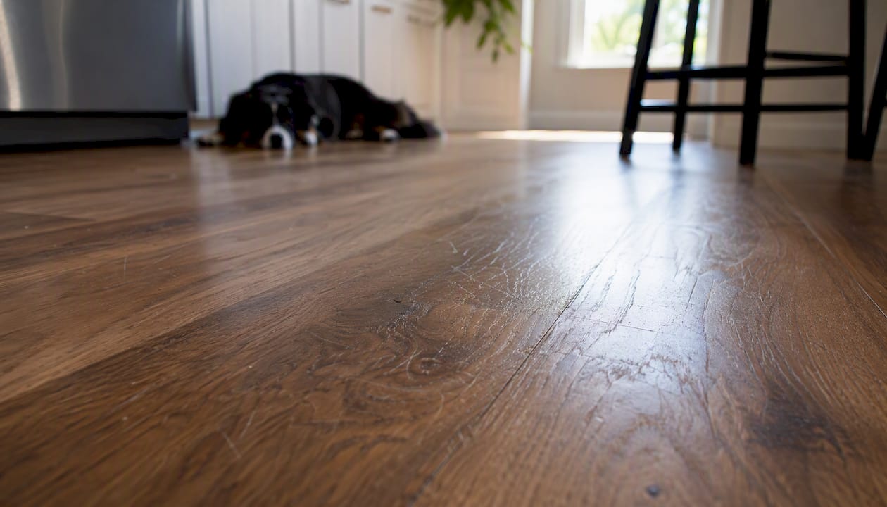 Hickory wood floor close-up with pet wear marks