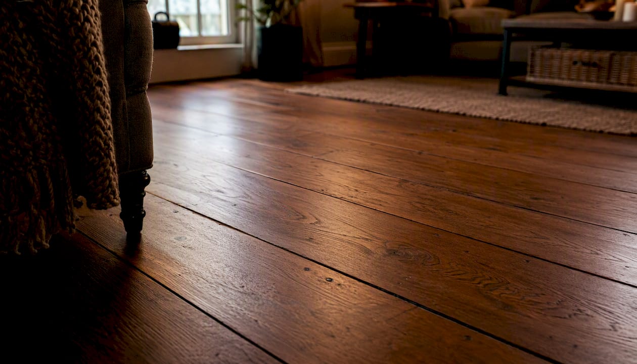 Wide plank hardwood floor with seasonal gap detail