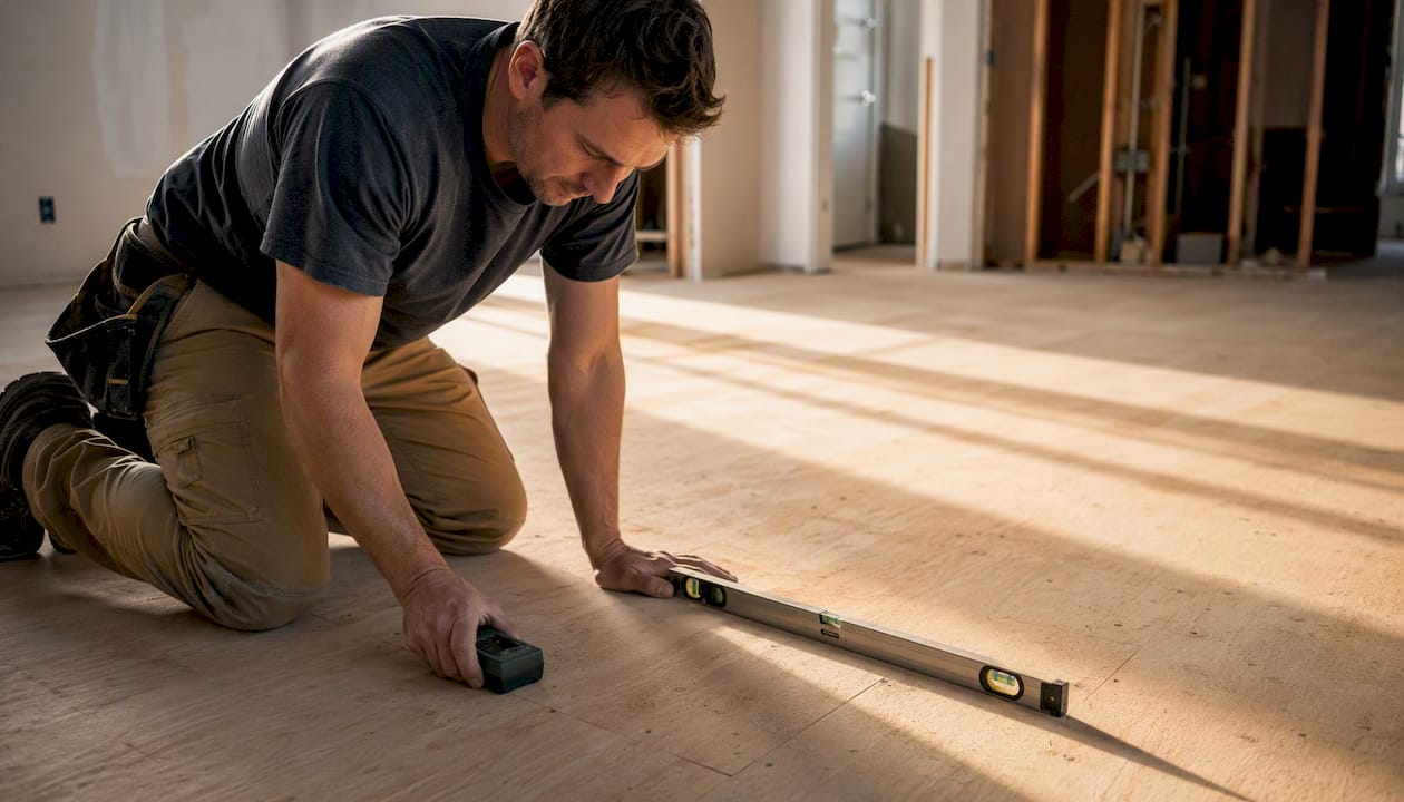 Subcontractor inspecting hardwood subfloor