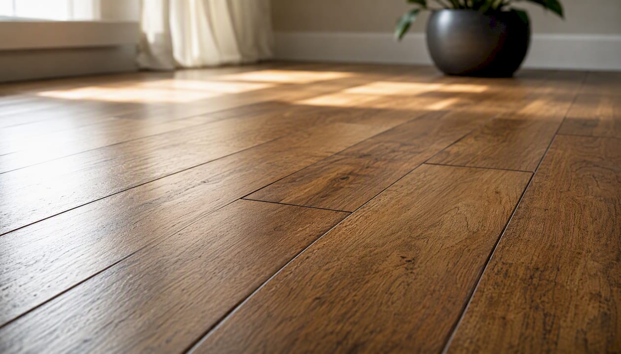 Close-up of staggered hardwood floor joints