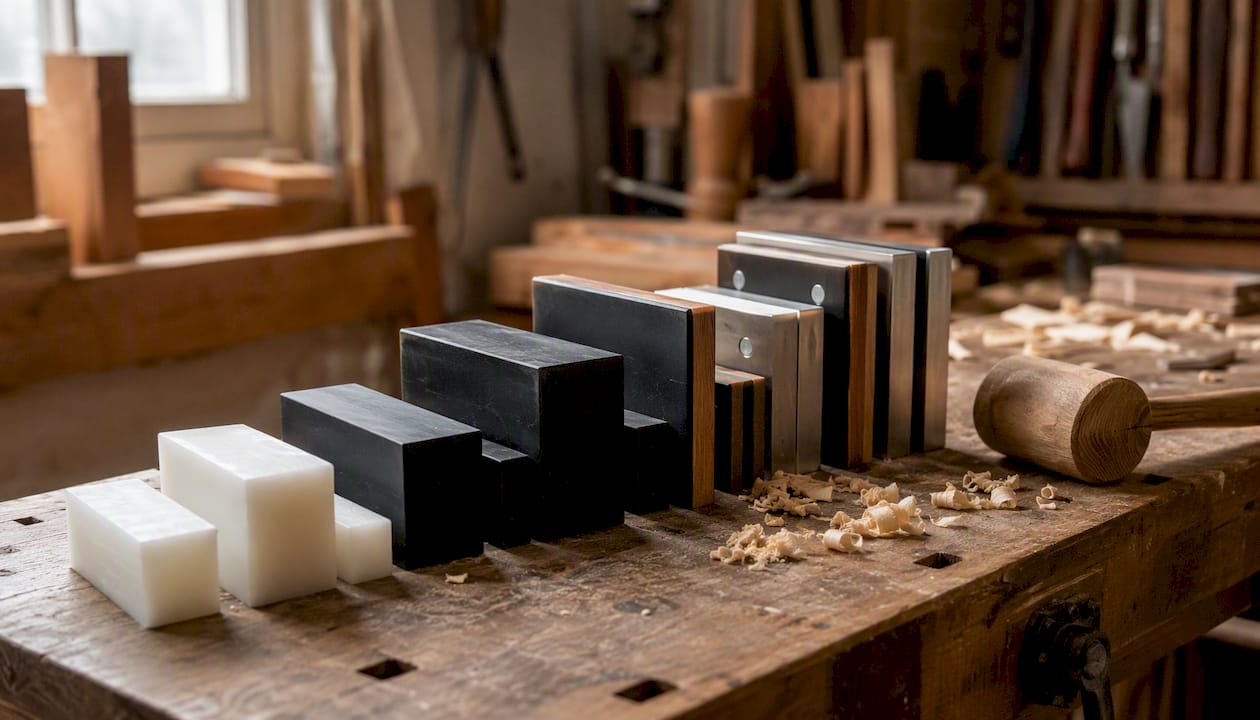 Variety of tapping blocks on workbench