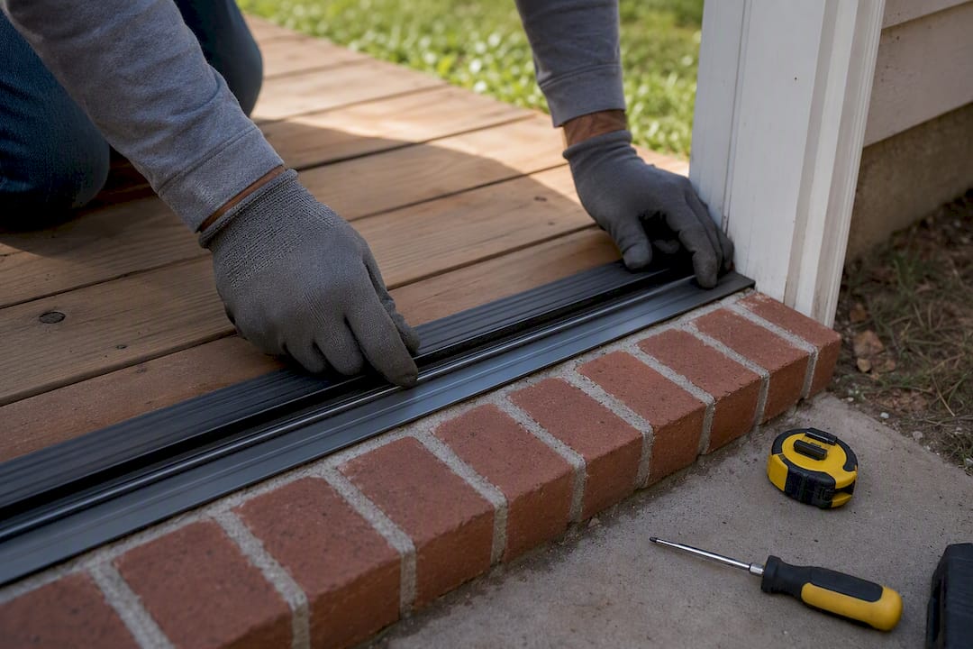 Installer adjusting metal exterior threshold weatherstrip