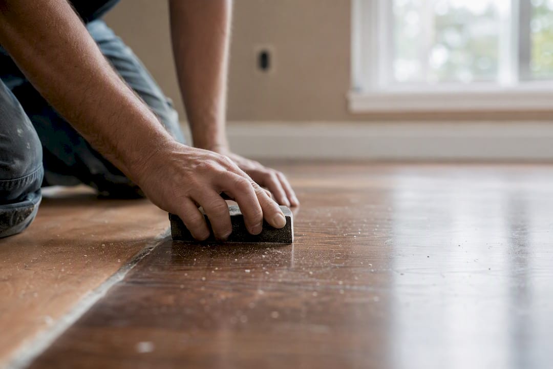 Hands hand-sanding hardwood floor edge