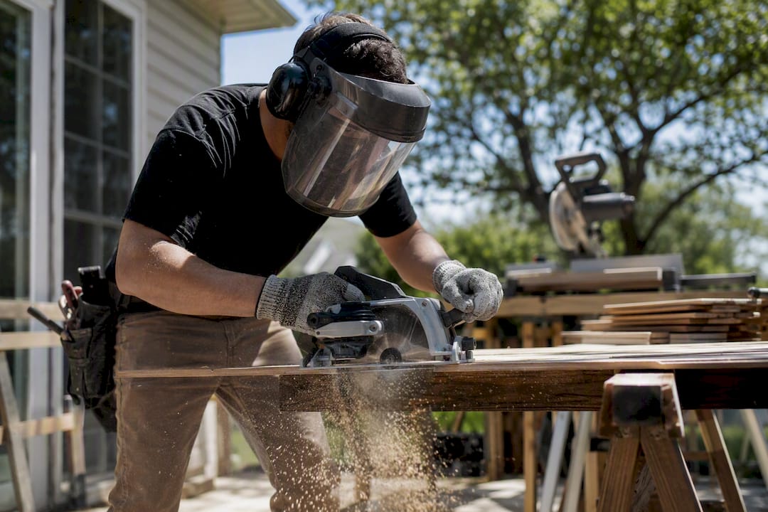 Installer cutting flooring wearing safety gear