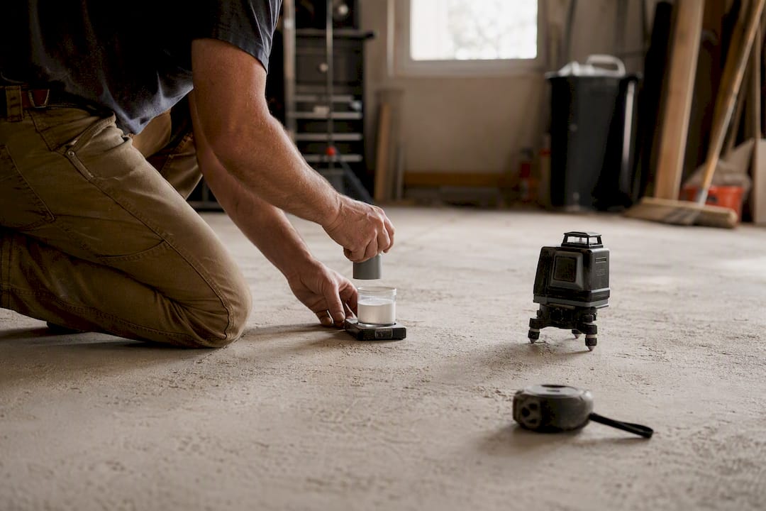 Hands testing subfloor moisture level