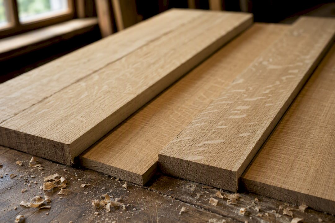 Close-up of defects in quarter sawn white oak boards