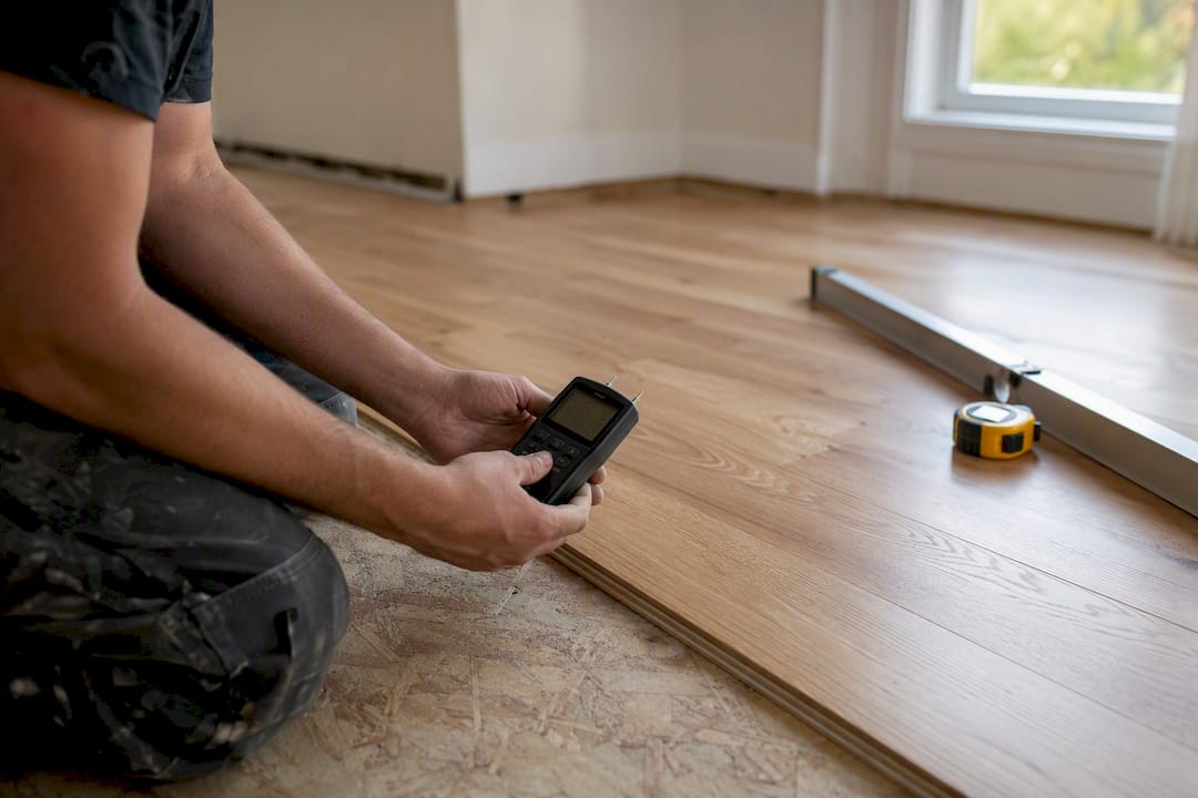 Installer documenting moisture and flatness readings