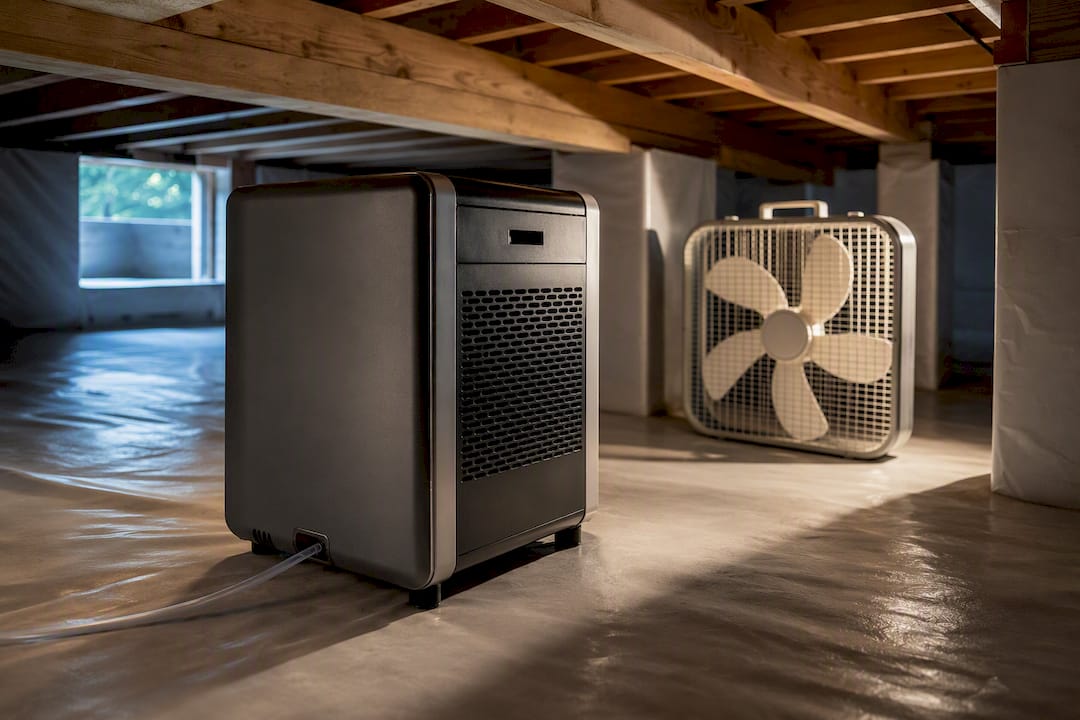 Dehumidifier and fan stabilizing crawl-space moisture