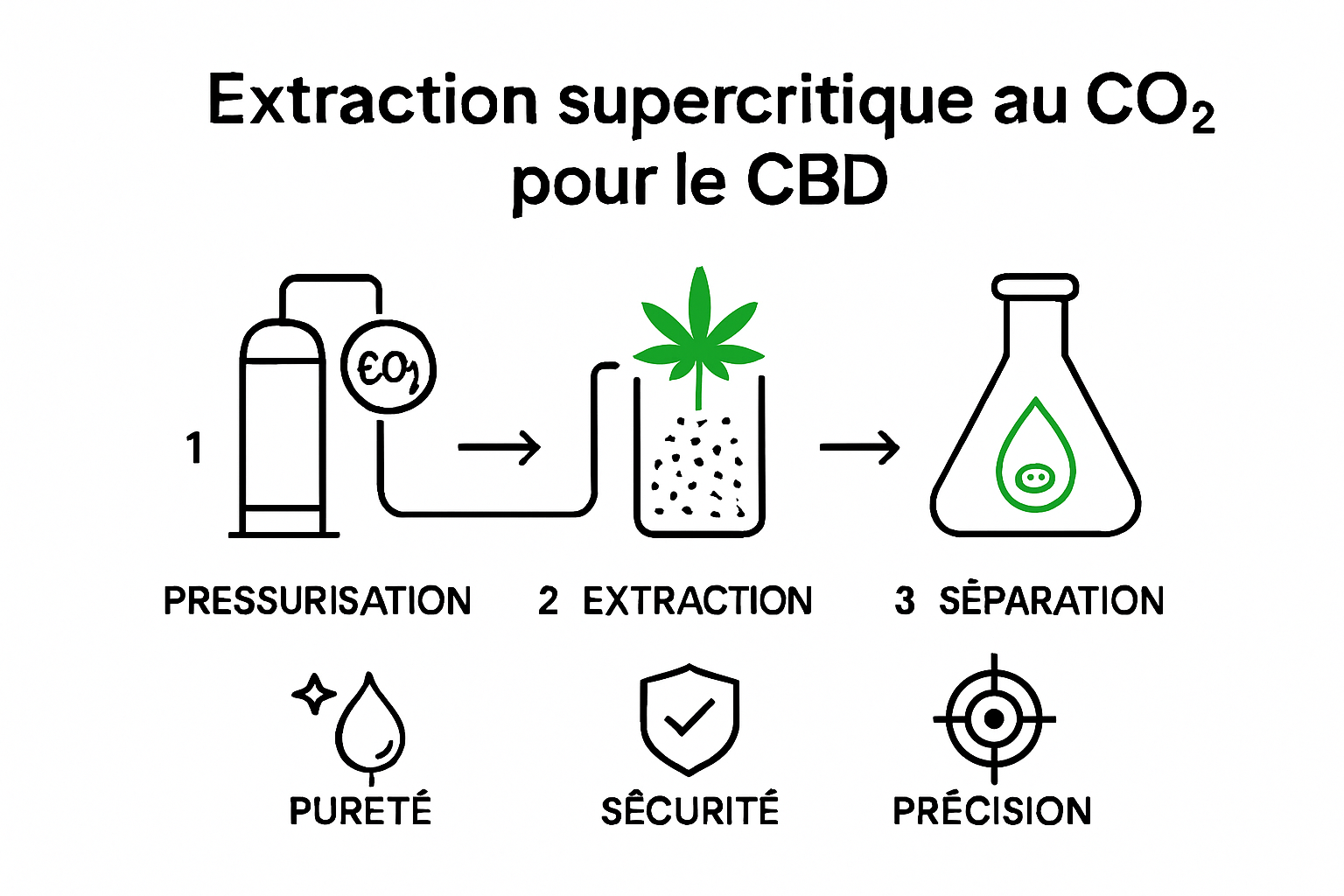 Schéma visuel du procédé d’extraction supercritique au CO2 pour CBD