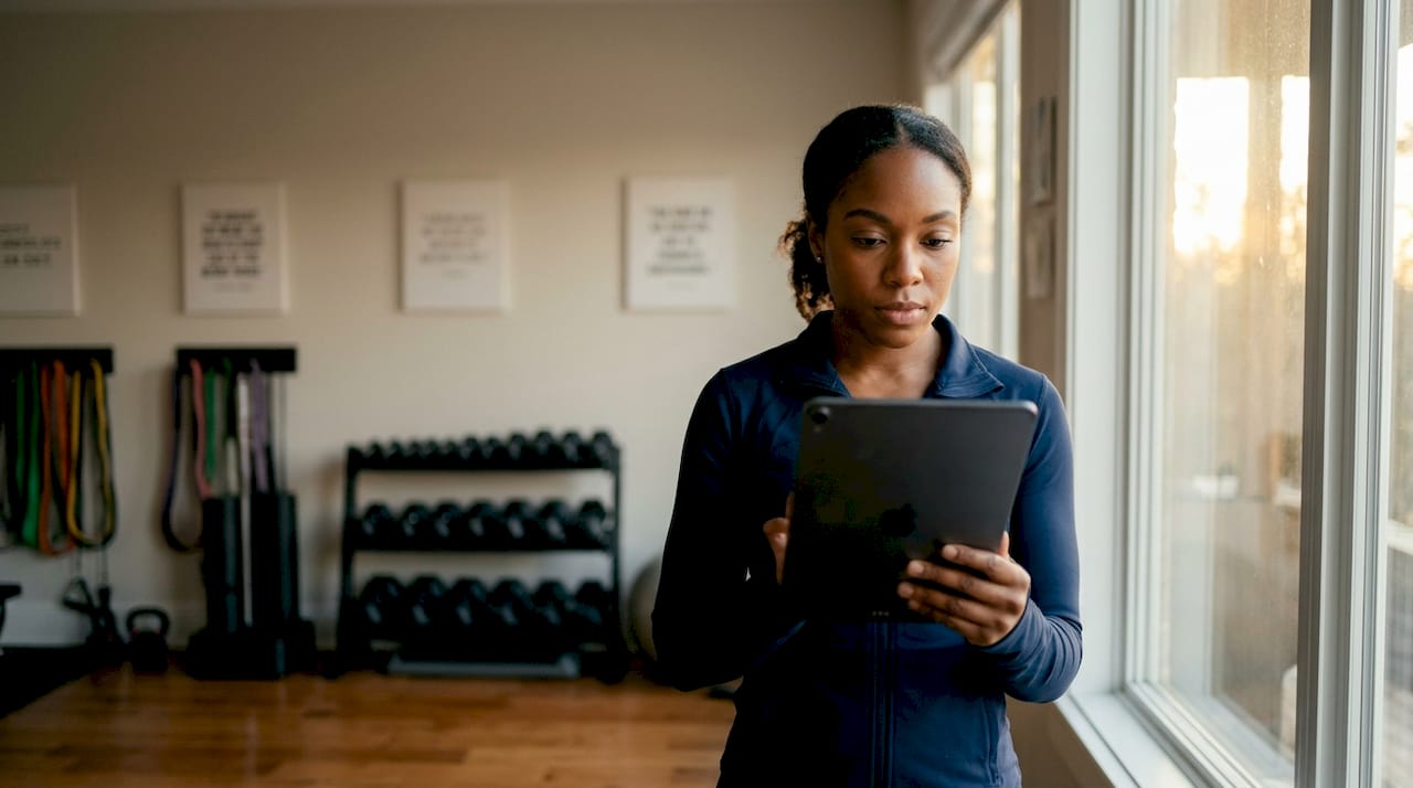 Treinador analisando dados da academia em um tablet