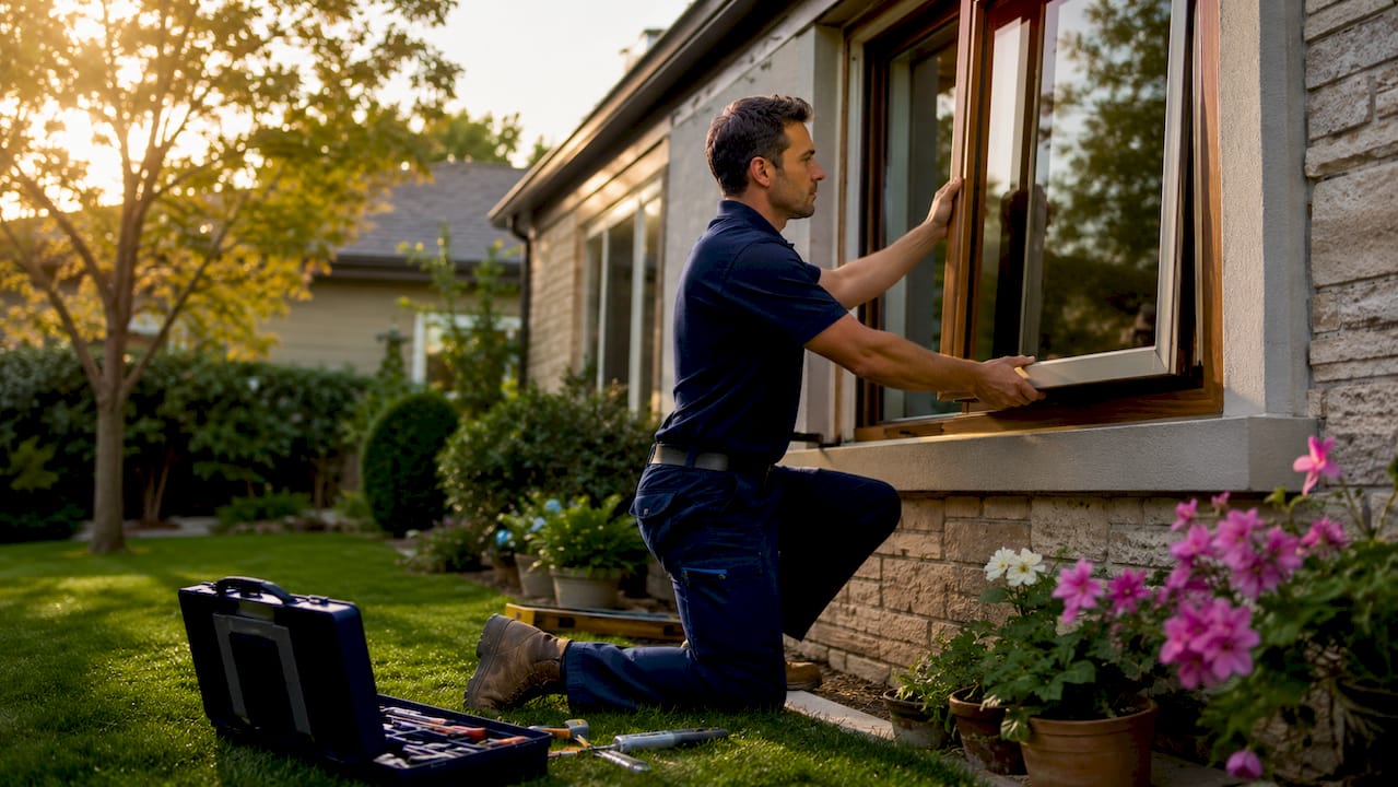 Installer fitting double-pane window frame