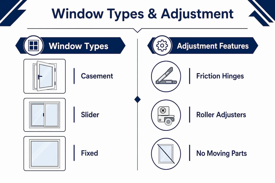 Infographic comparing window types and adjustment features