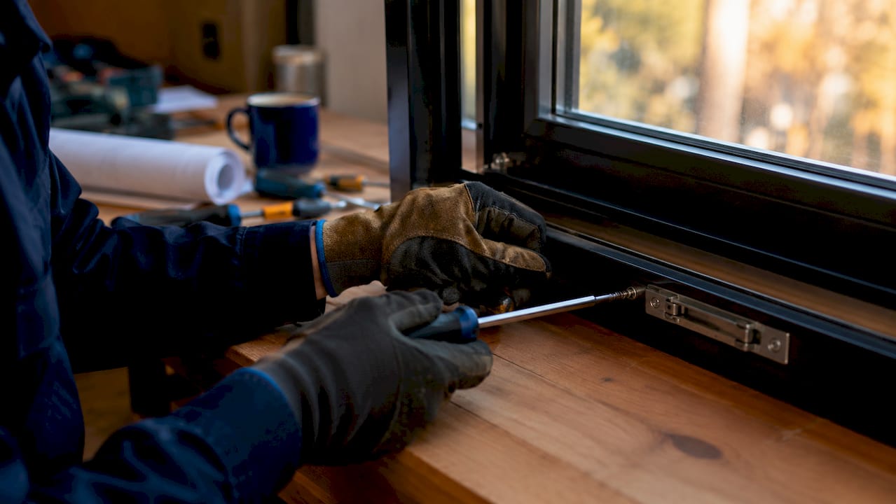 Hands adjusting window hardware with screwdriver