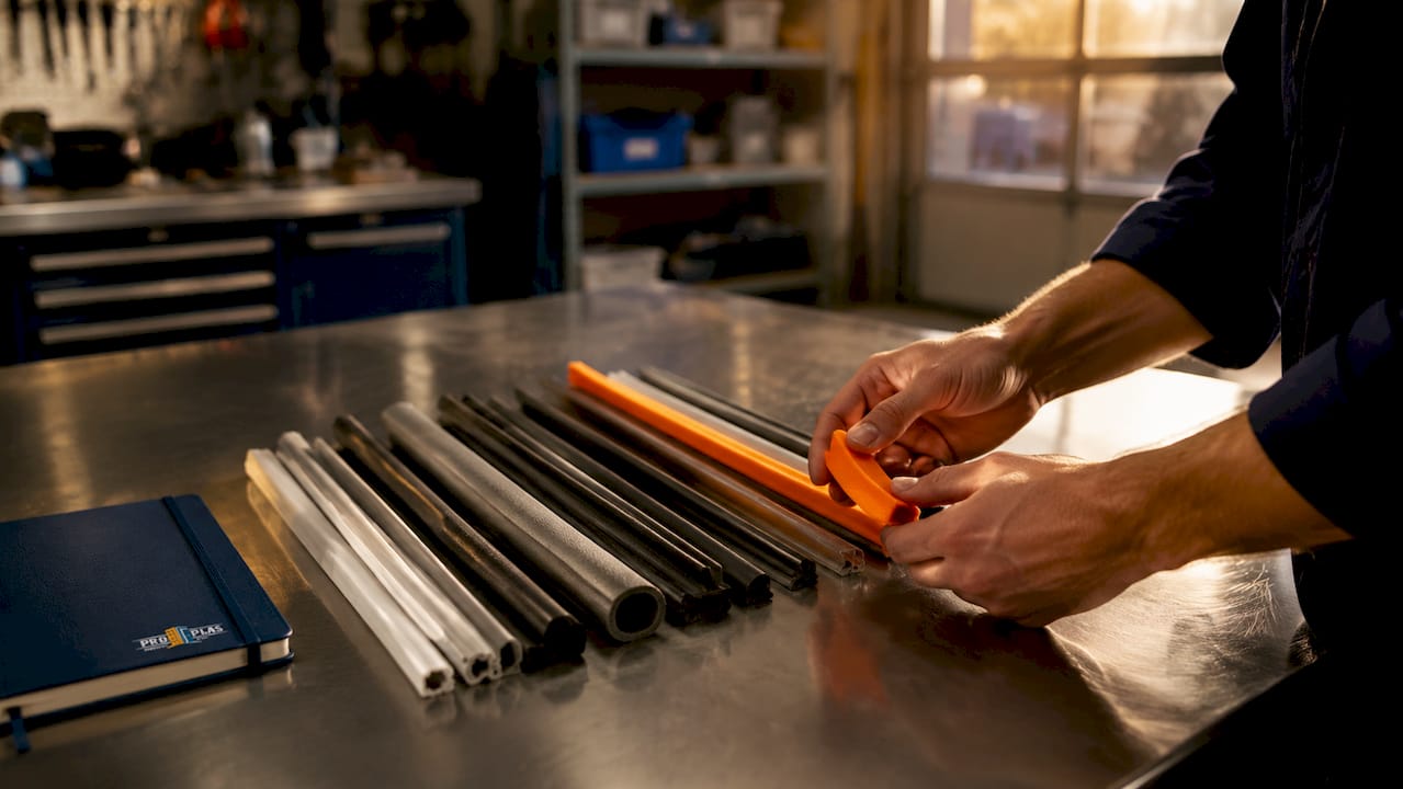 Various door weatherstripping materials displayed on table