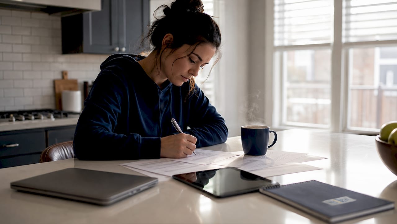 Homeowner completing permit application at table
