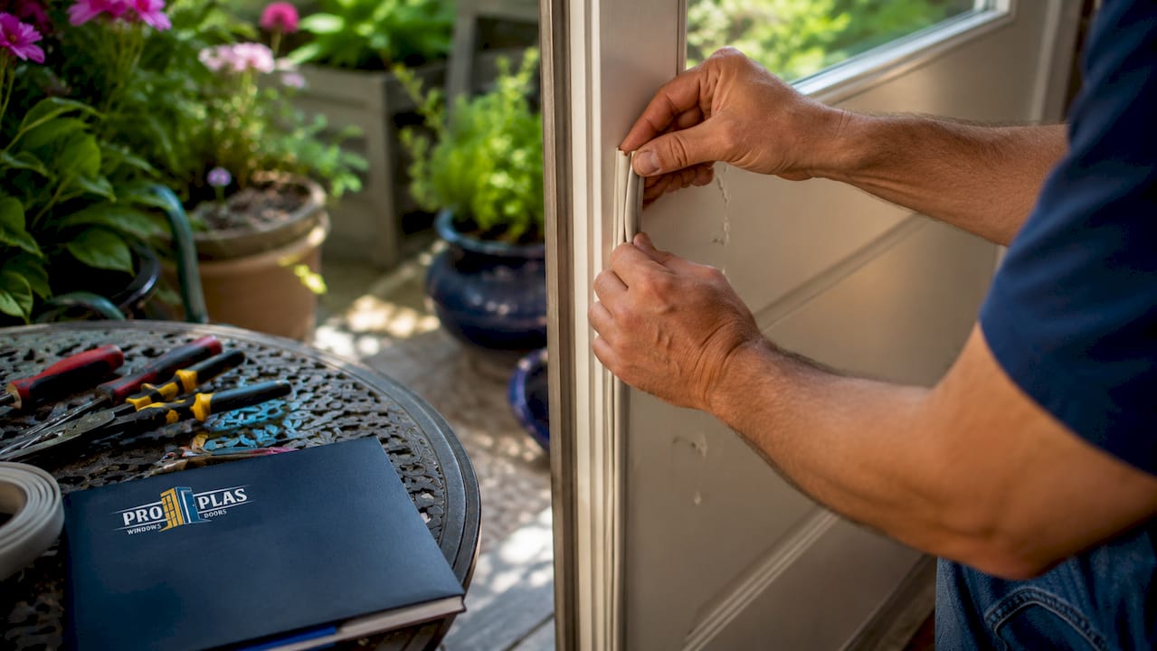Hands installing weatherstripping on fiberglass door