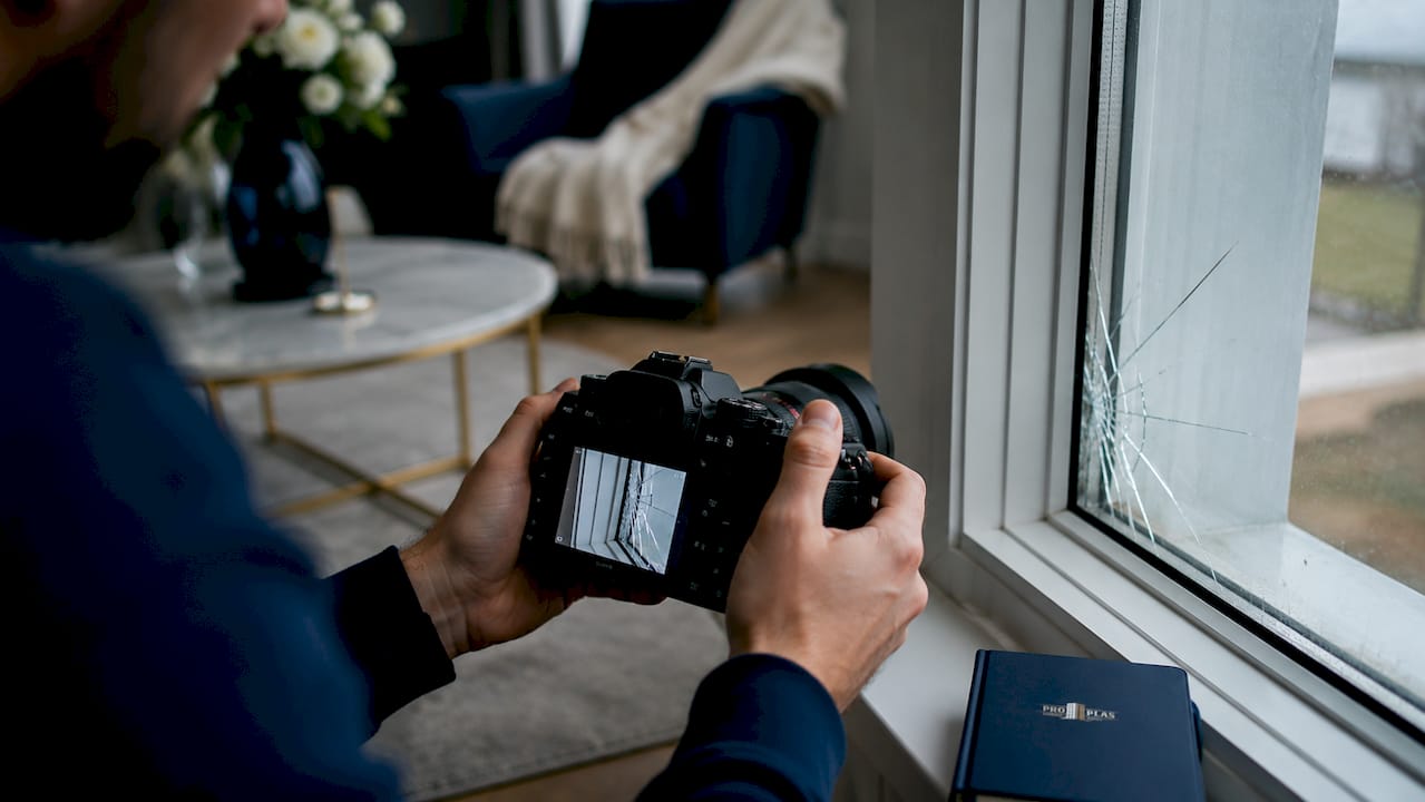 Close-up of camera capturing window crack