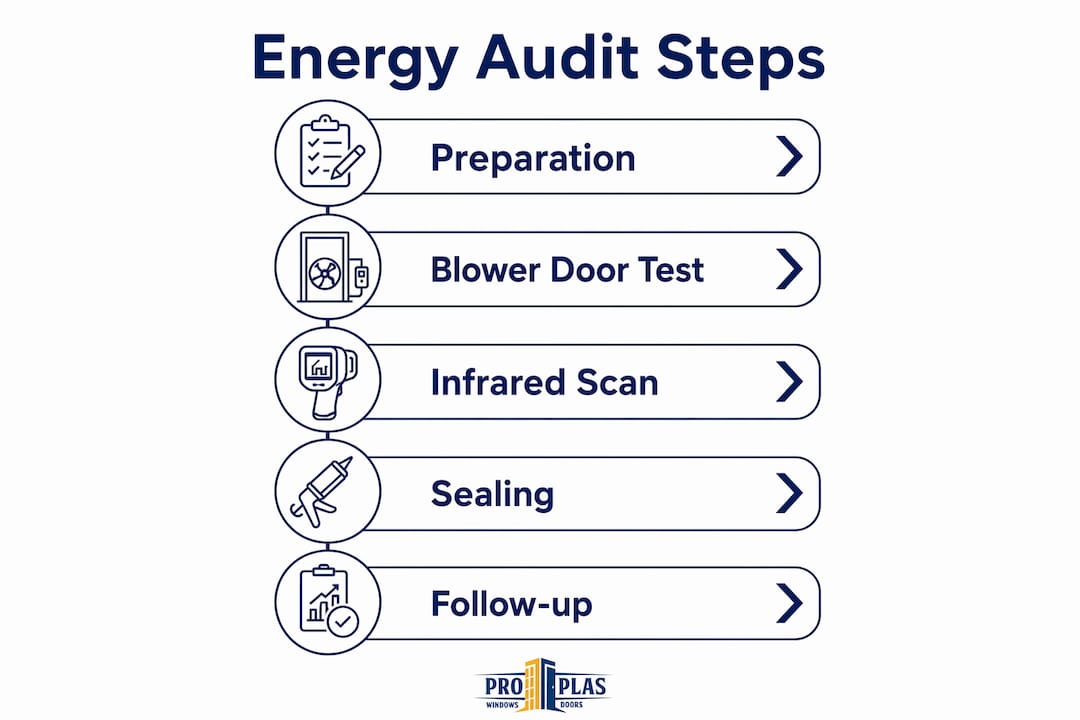Infographic illustrating energy audit steps for windows and doors