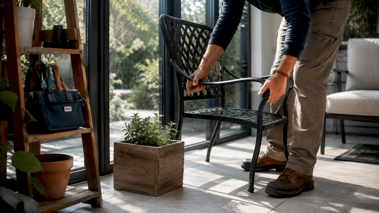 Hands clearing furniture near window installation area