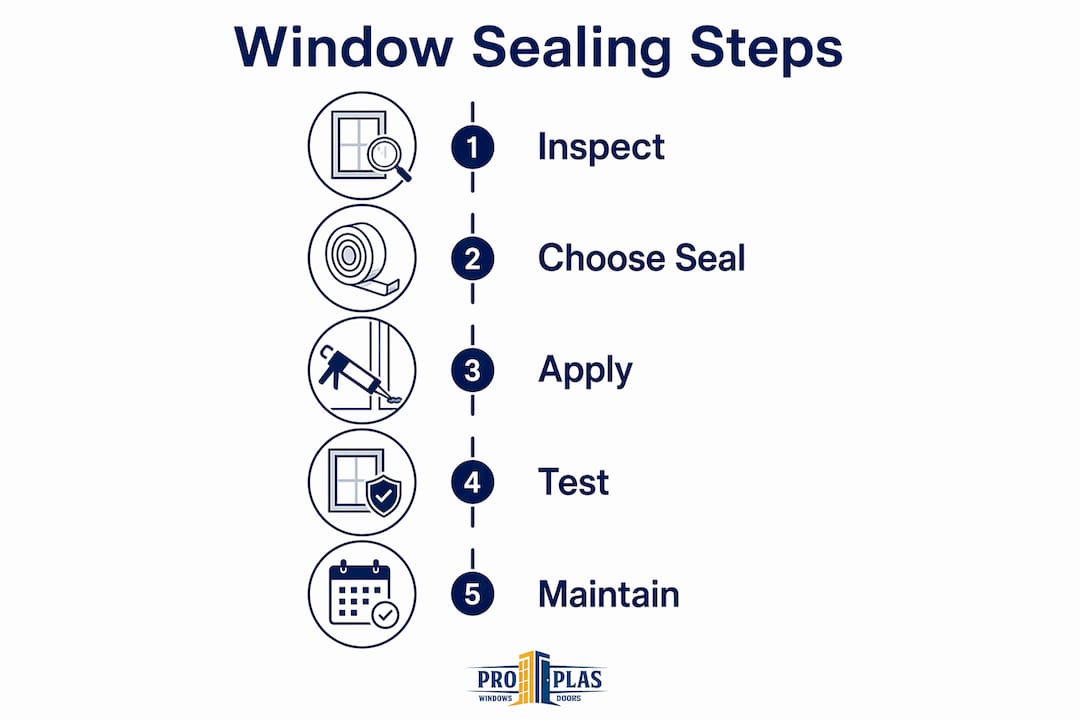 Infographic illustrating steps of window sealing process