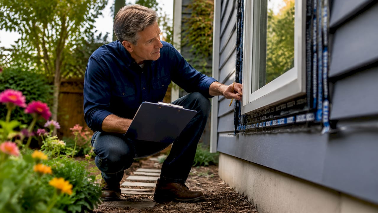 Contractor inspecting window installation outdoors