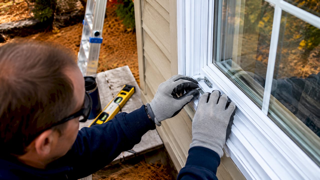 Hands installing window frame hardware outdoors