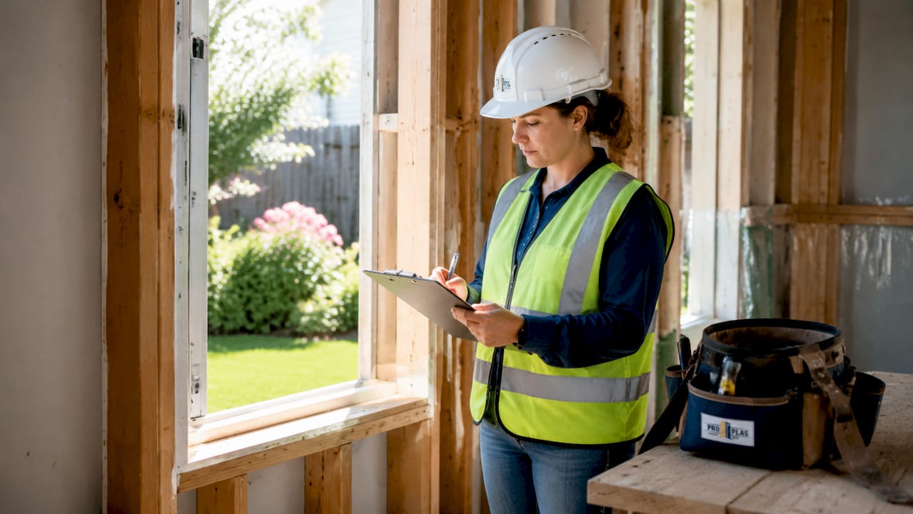 Building inspector checking window frame construction