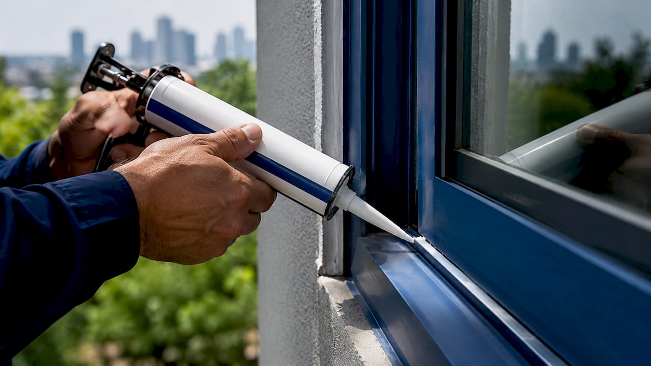 Close-up of hand applying silicone caulk to window seam