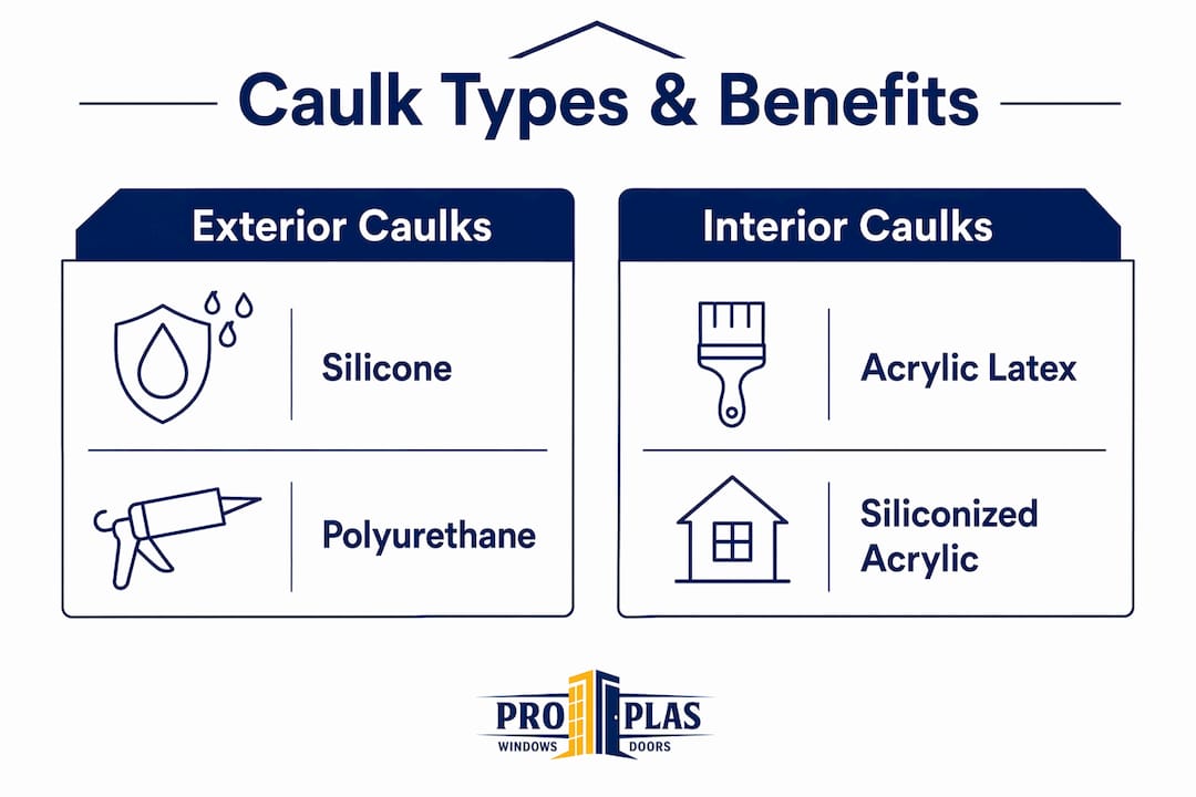 Infographic comparing exterior and interior window caulks