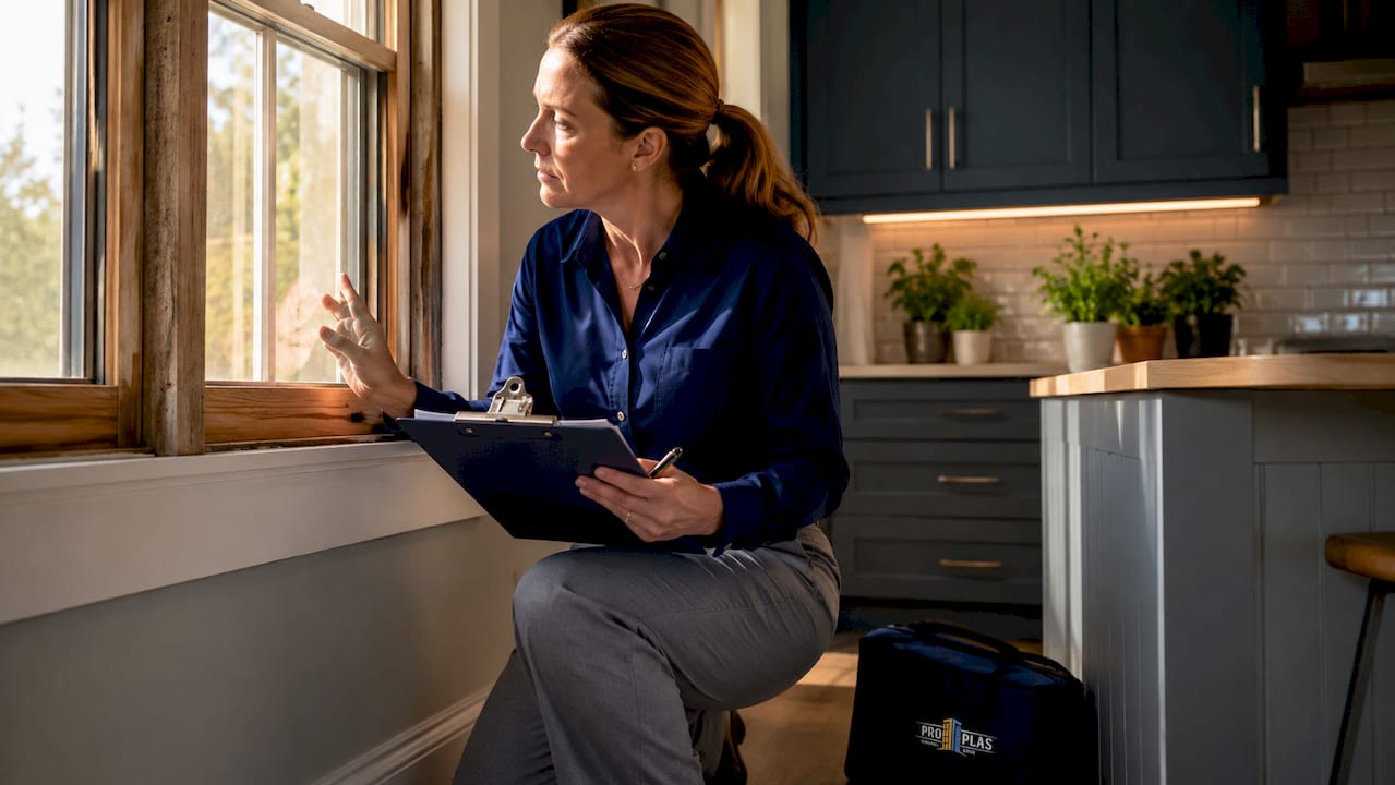 Home inspector assessing window frame condition