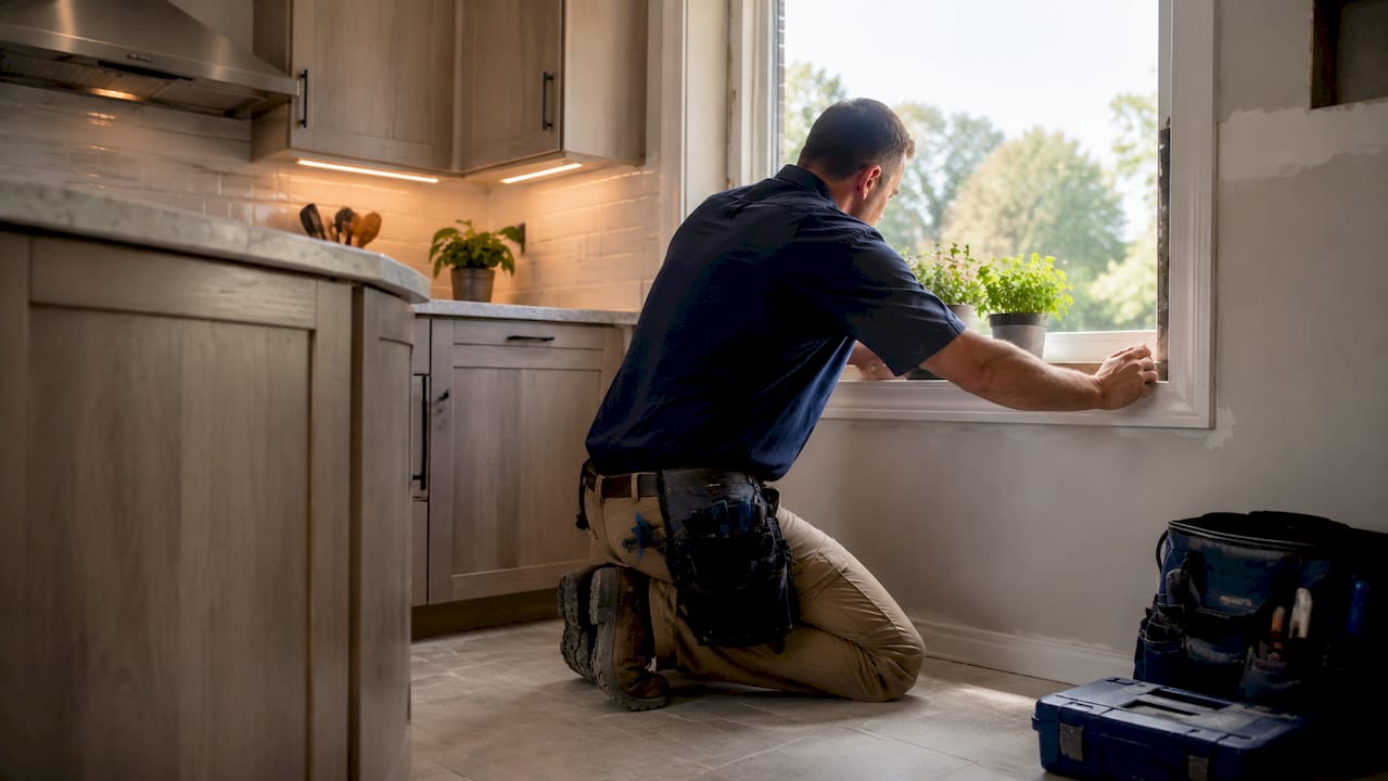 Installer fitting window jamb in wall opening
