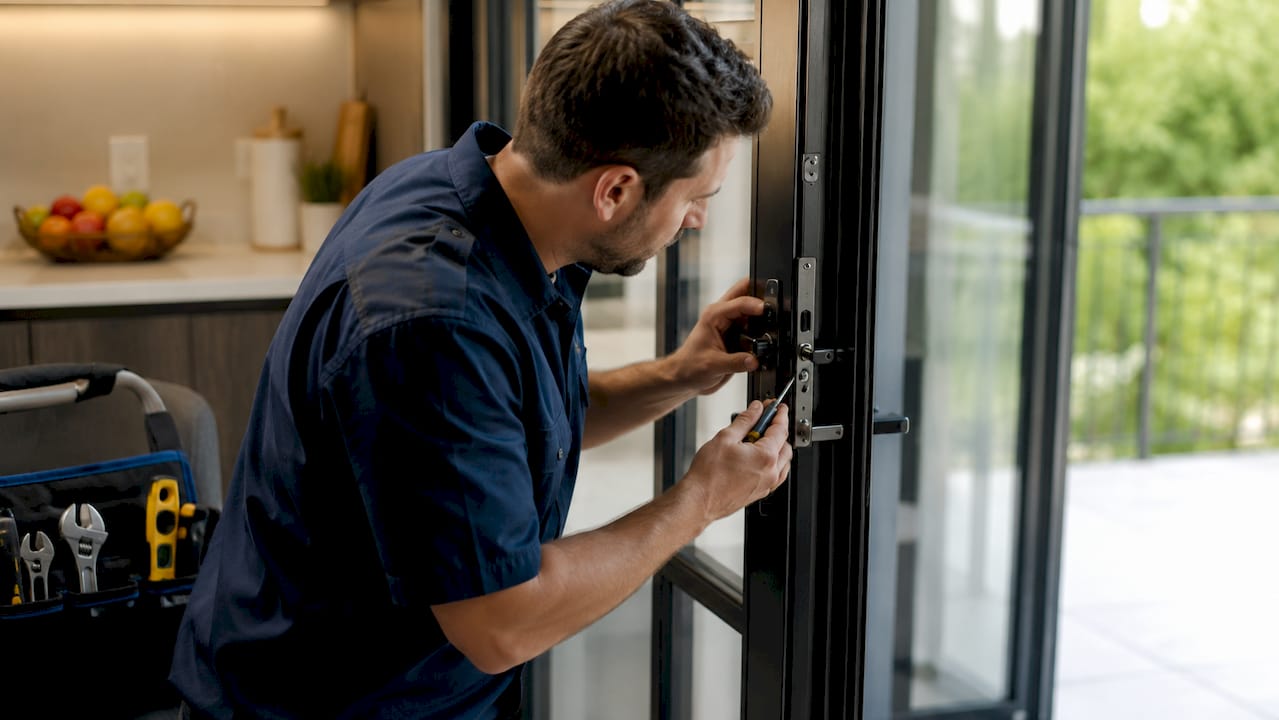 Technician adjusting window hardware close-up