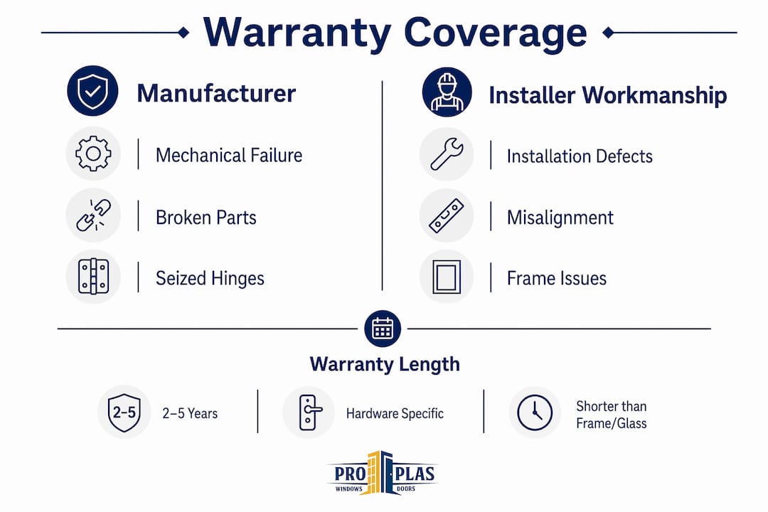 Infographic comparing manufacturer vs installer warranty coverage