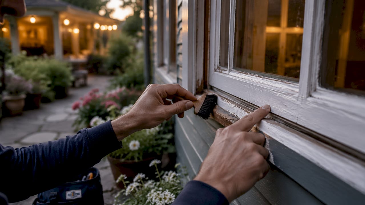 Hands inspecting window frame for misuse damage