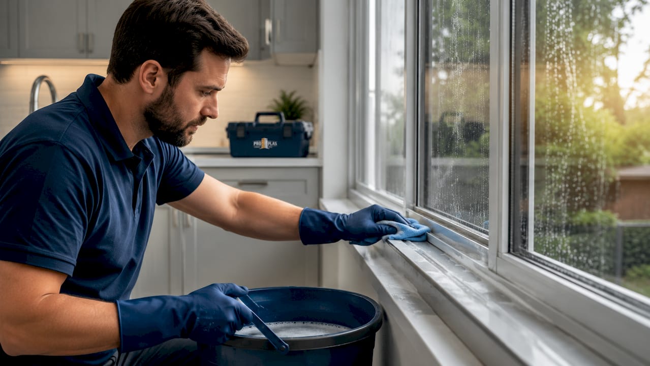 Hands cleaning window frame and seals